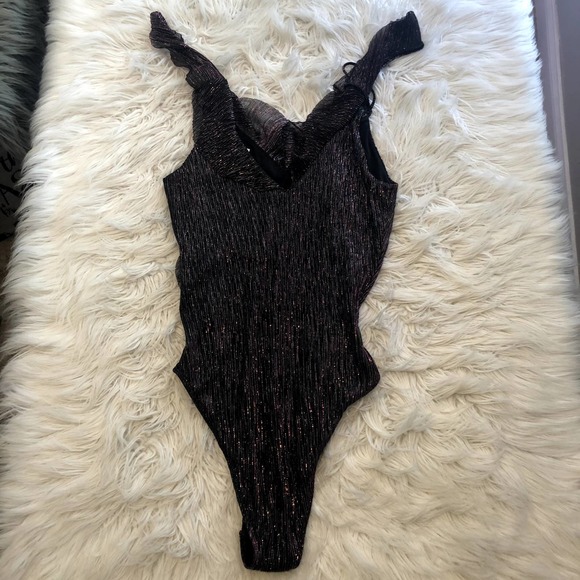 nwt topshop black glitter ruffle bodysuit size US 6 - Picture 2 of 3